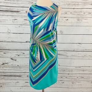 London Times palm blue green sheath dress